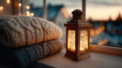 Glowing lantern and knitted sweater on a windowsill at dusk. 
