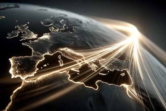 Global interconnectivity: globe of rare earth and data streams. Tech and minerals. China's rare earth magnet exports to us skyrocket in june amid trade deal resolutions. High-tech manufacturing.
