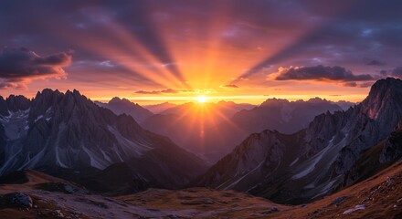 Majestic Mountain Range Sunrise with Dramatic Sun Rays