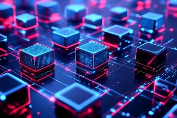 Abstract Digital Cubes Network with Glowing Lines and Nodes Connection