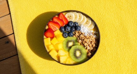 Colorful Fruit Bowl with Granola and Coconut on Yellow Background