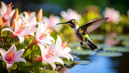 Fototapeta premium Hummingbird in flight, surrounded by vibrant, white flowers. Sunlight highlights the bird and blossoms over a tranquil pond