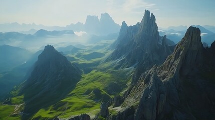 Scenic Mountain Landscape with Green Valley and Foggy Peaks Panorama