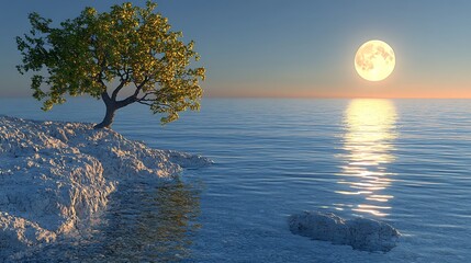 Solitary tree on a tranquil shoreline at sunrise.