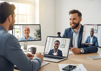 Smiling businesspeople are in a meeting, working as a team in a conference room