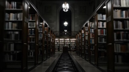 Dimly lit library interior with bookshelves, books, reading, and education concept in dark and academic atmosphere with vintage style and architecture. - Powered by Adobe