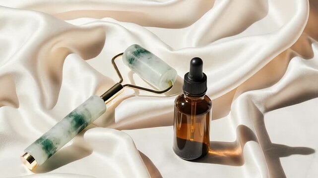 Jade roller and essential oil bottle on a silk fabric background