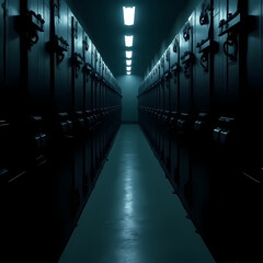 Rows of locked prison cells with dim lighting, reflecting mass incarceration