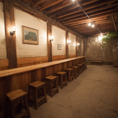 A warm, rustic bar interior with a long wooden counter, stools, exposed ceiling beams, textured walls, and ambient lighting, creating a cozy, vintage-inspired atmosphere in an empty space.
