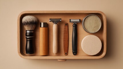 Essential grooming tools in a clean wooden organizer for men's self-care