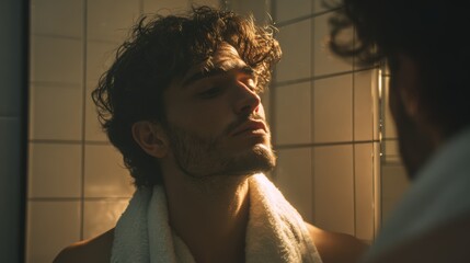 European young man applies aftershave balm in a steamy bathroom for self-care and grooming ritual