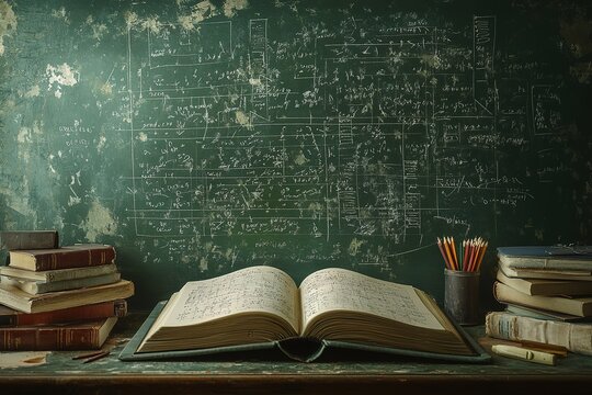 An open book with mathematical equations on the chalkboard in front of it, surrounded by books and pencils, symbolizing education or studying science. The background is a green chalkboard filled - Powered by Adobe