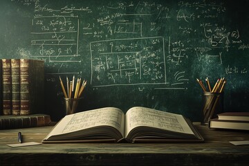 An open book with mathematical equations on the chalkboard in front of it, surrounded by books and pencils, symbolizing education or studying science. The background is a green chalkboard filled