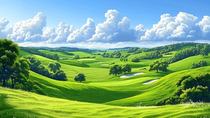 Fototapeta premium Lush, rolling hills and golf course landscape under a vibrant sky.