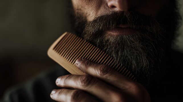 Close-up of a man grooming his beard with a wooden comb in a warm and minimalistic setting - Powered by Adobe