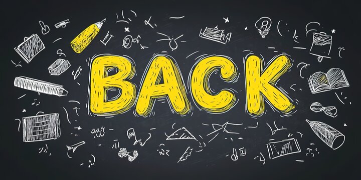 Back to School text effect vector file with easily recognizable letters and icons, in a yellow color on a black background, with school elements around the writing, in a hand-drawn style