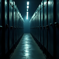 Rows of locked prison cells with dim lighting, reflecting mass incarceration