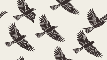 Fototapeta premium Illustration showing a flock of stylized birds in flight against a light background in a seamless pattern