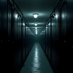 Rows of locked prison cells with dim lighting, reflecting mass incarceration