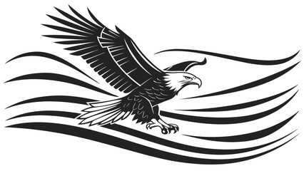 Black and white graphic of an eagle in flight with stylized lines representing wind or air currents