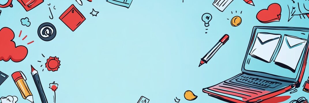 Background of light blue with red doodles on a school theme, icons like a laptop computer and social media symbols.