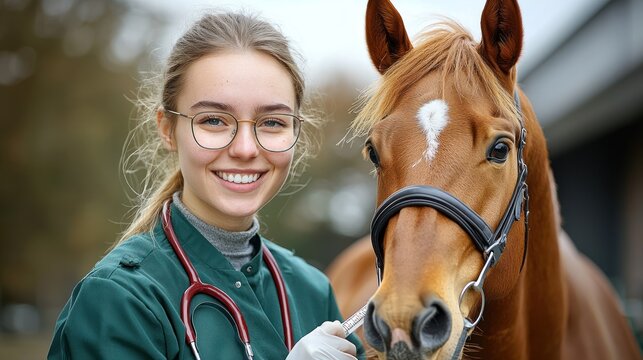 Veterinarian examining a horse; a happy vet with a beautiful chestnut horse