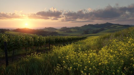 Obraz premium Sonoma Sunrise Over Chardonnay and Wild Mustard Fields.