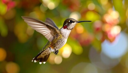 Fototapeta premium Hummingbird in flight, vibrant bokeh