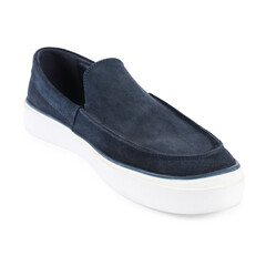 One stylish dark blue shoe on white background