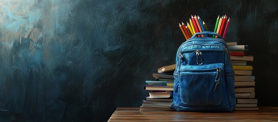 Back-to-school concept with a blue backpack full of books, stationery, and colored pencils on a wooden table against a blackboard background. Space for text copy. Award-winning, detailed shot