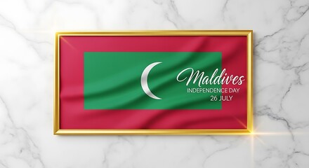 Maldives Independence Day Celebration: Flag in Golden Frame, Marble Background.