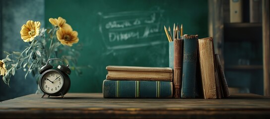 Back-to-school concept with books, an alarm clock, and a pencil holder on a wooden desk in front of a green chalkboard background.