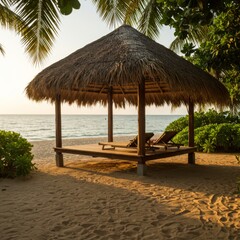 Tropical Beach Hut at Sunset