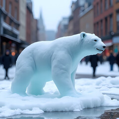 A single melting ice sculpture of a polar bear placed on a city street, representing climate change