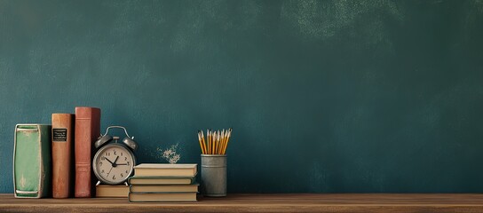 Back-to-school concept with books, an alarm clock, and a pencil holder on a wooden desk in front of a green chalkboard background.