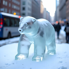 A single melting ice sculpture of a polar bear placed on a city street, representing climate change
