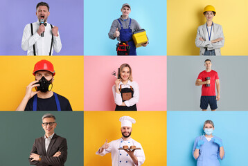 People of different professions. Collage with portraits on various colors backgrounds