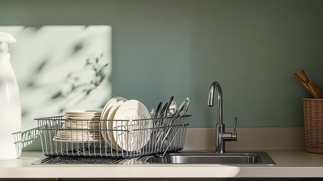 Clean kitchen counter with dish rack, plates, silverware and cleaning spray