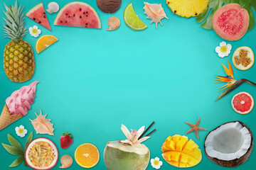 Summer vibe card or party invitation with space for text. Different fruits and stuff on turquoise...