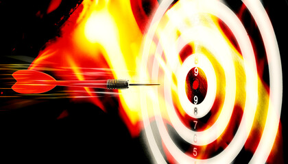 Dart flying into center of flaming target against black background, motion blur effect. Banner...