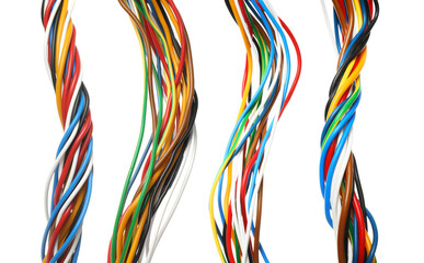 Different twisted electrical wires isolated on white, set