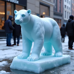 A single melting ice sculpture of a polar bear placed on a city street, representing climate change