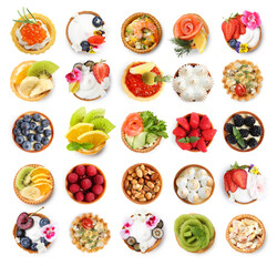 Tartlets with different fillings isolated on white, set. Top view