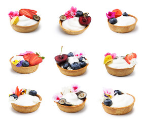 Tartlets decorated with flowers isolated on white, set. Tasty dessert