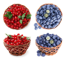 Fresh berries in wicker baskets isolated on white, set. Top and side view