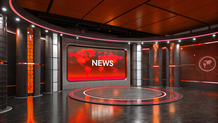 Modern news studio with large screen and circular stage