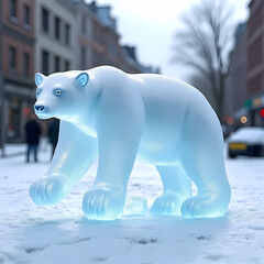 A single melting ice sculpture of a polar bear placed on a city street, representing climate change