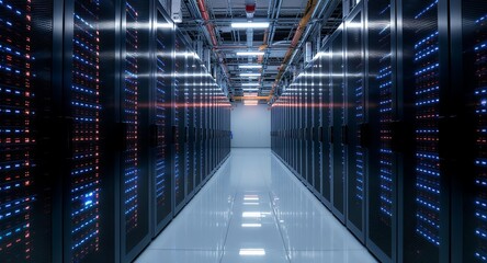 Data center corridor with server racks and bright lights reflecting on the floor.