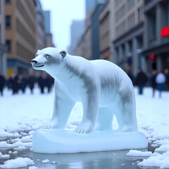 A single melting ice sculpture of a polar bear placed on a city street, representing climate change