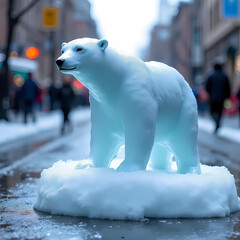 A single melting ice sculpture of a polar bear placed on a city street, representing climate change